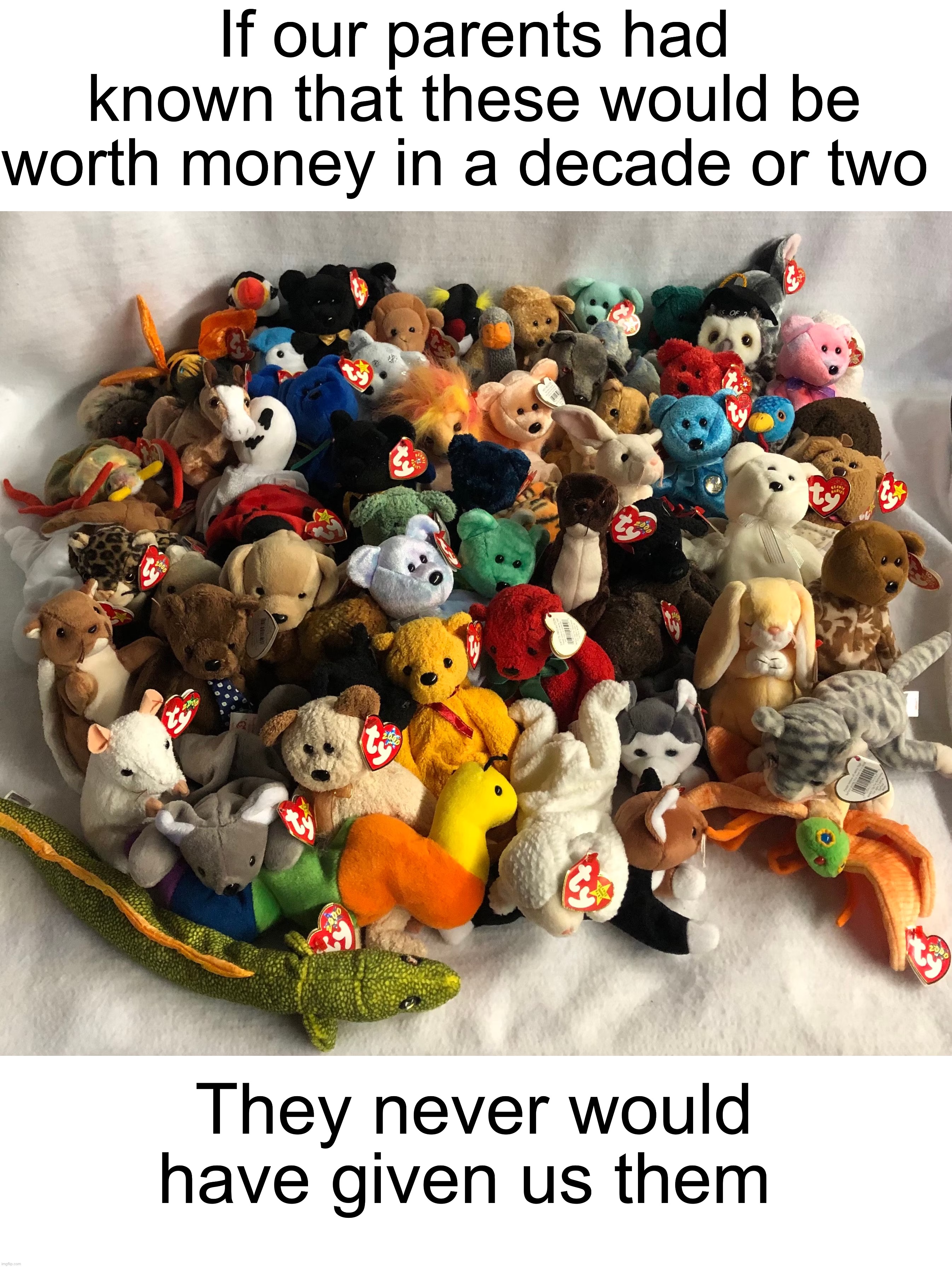 I can’t possible be the only one who had beanie babies…right? | If our parents had known that these would be worth money in a decade or two; They never would have given us them | image tagged in memes,funny,true story,beanie babies,relatable memes,right in the childhood | made w/ Imgflip meme maker