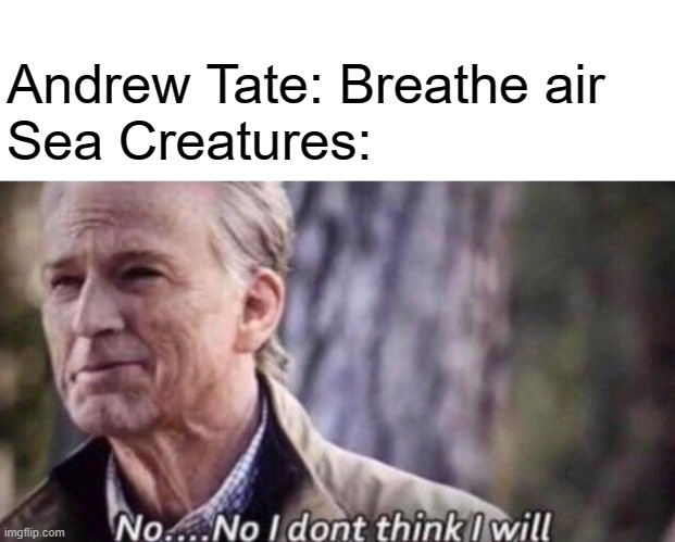 no air for fish | Andrew Tate: Breathe air
Sea Creatures: | image tagged in no i don't think i will,memes,andrew tate,breathe air | made w/ Imgflip meme maker