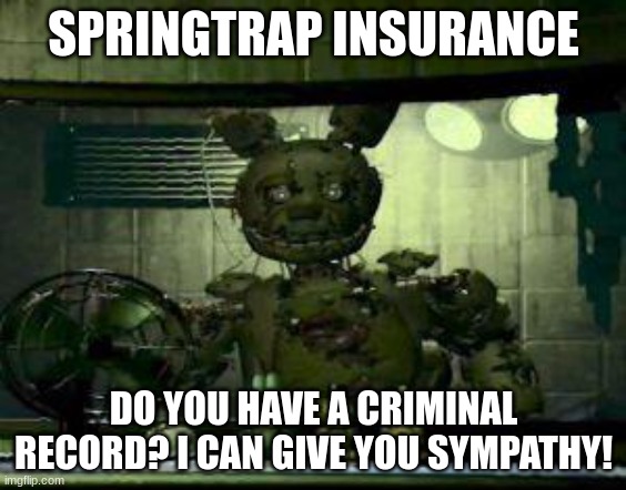 This is my first meme | SPRINGTRAP INSURANCE; DO YOU HAVE A CRIMINAL RECORD? I CAN GIVE YOU SYMPATHY! | image tagged in fnaf springtrap in window | made w/ Imgflip meme maker