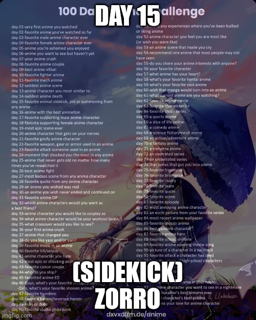 100 day anime challenge | DAY 15; (SIDEKICK)
ZORRO | image tagged in 100 day anime challenge | made w/ Imgflip meme maker