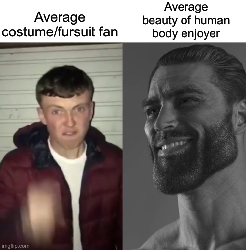 How to offend anyone with just an image and some text: | Average beauty of human body enjoyer; Average costume/fursuit fan | image tagged in average fan vs average enjoyer | made w/ Imgflip meme maker