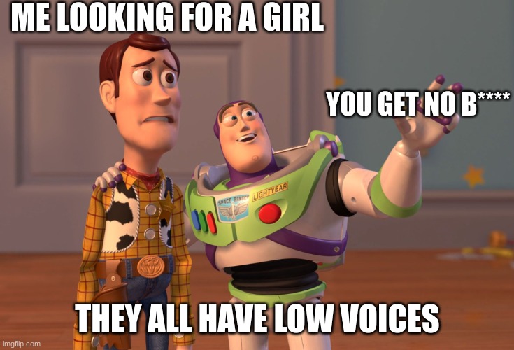 X, X Everywhere Meme | ME LOOKING FOR A GIRL THEY ALL HAVE LOW VOICES YOU GET NO B**** | image tagged in memes,x x everywhere | made w/ Imgflip meme maker
