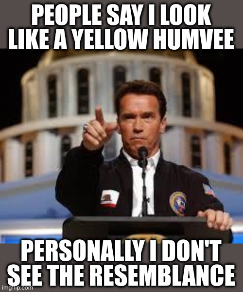 Arnold says you are wrong | PEOPLE SAY I LOOK LIKE A YELLOW HUMVEE PERSONALLY I DON'T SEE THE RESEMBLANCE | image tagged in arnold says you are wrong | made w/ Imgflip meme maker