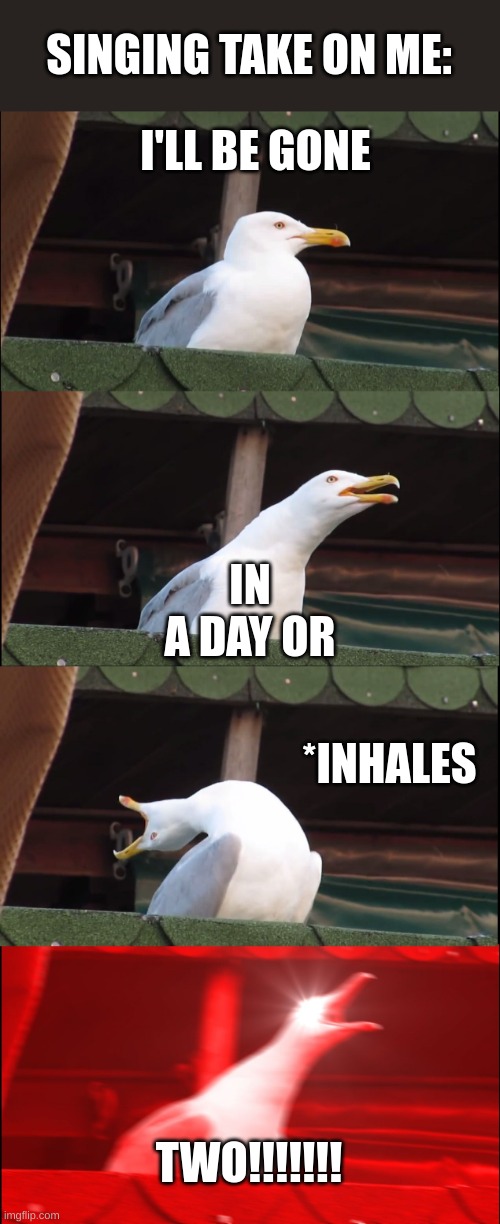 take on me | SINGING TAKE ON ME:; I'LL BE GONE; IN A DAY OR; *INHALES; TWO!!!!!!! | image tagged in memes,inhaling seagull | made w/ Imgflip meme maker