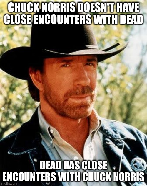 dont mess with chuck norris | CHUCK NORRIS DOESN'T HAVE CLOSE ENCOUNTERS WITH DEAD; DEAD HAS CLOSE ENCOUNTERS WITH CHUCK NORRIS | image tagged in memes,chuck norris | made w/ Imgflip meme maker