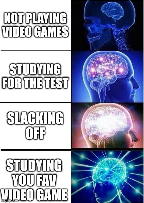 Expanding Brain | NOT PLAYING VIDEO GAMES; STUDYING FOR THE TEST; SLACKING OFF; STUDYING YOU FAV VIDEO GAME | image tagged in memes,expanding brain | made w/ Imgflip meme maker