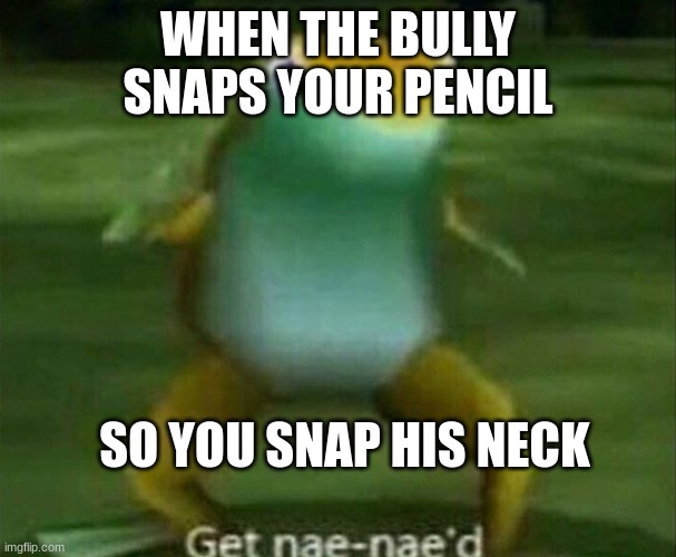 L+Bozo+Ratio+Gitgud | WHEN THE BULLY SNAPS YOUR PENCIL; SO YOU SNAP HIS NECK | image tagged in get nae-nae'd | made w/ Imgflip meme maker