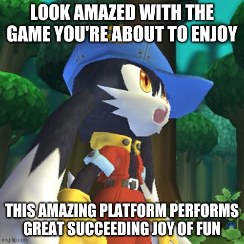 Klonoa games brings you much amazement | LOOK AMAZED WITH THE GAME YOU'RE ABOUT TO ENJOY; THIS AMAZING PLATFORM PERFORMS GREAT SUCCEEDING JOY OF FUN | image tagged in klonoa,namco,bandainamco,namcobandai,bamco,smashbroscontender | made w/ Imgflip meme maker