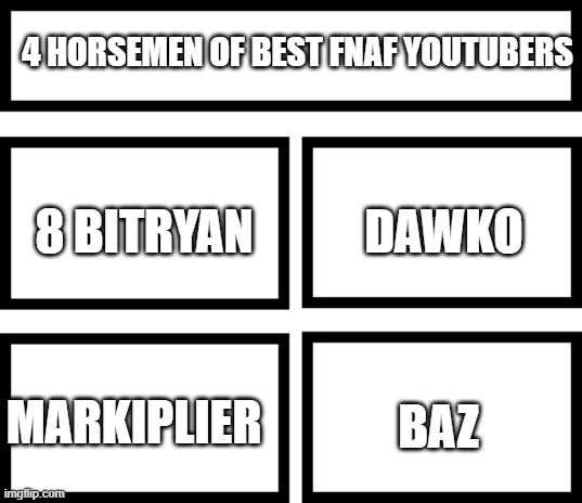 just my opinions and i once again | 4 HORSEMEN OF BEST FNAF YOUTUBERS; DAWKO; 8 BITRYAN; BAZ; MARKIPLIER | image tagged in 4 horsemen of | made w/ Imgflip meme maker