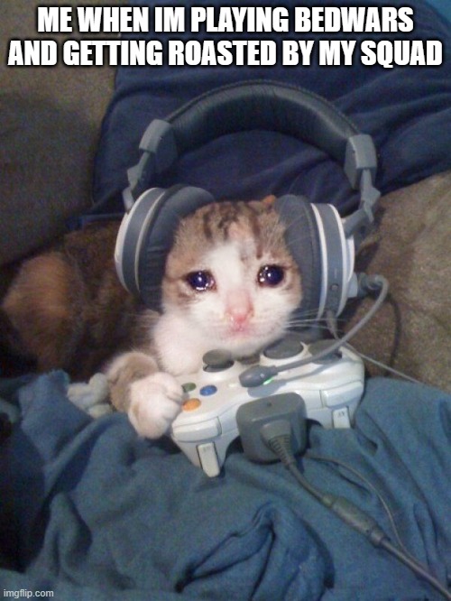 Sad Gamer cat with headphones crying while playing video games | ME WHEN IM PLAYING BEDWARS AND GETTING ROASTED BY MY SQUAD | image tagged in sad gamer cat with headphones crying while playing video games | made w/ Imgflip meme maker