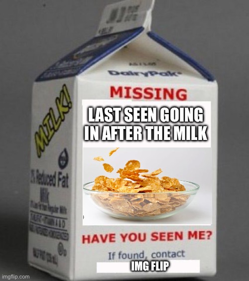 Milk carton | LAST SEEN GOING IN AFTER THE MILK; IMG FLIP | image tagged in milk carton | made w/ Imgflip meme maker