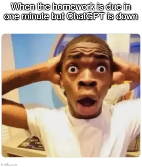 chatgpt be like | When the homework is due in one minute but ChatGPT is down | image tagged in black guy suprised,memes,chatgpt,school | made w/ Imgflip meme maker