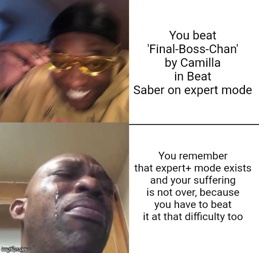 Beat Saber OST V be like | You beat 'Final-Boss-Chan' by Camilla in Beat Saber on expert mode; You remember that expert+ mode exists and your suffering is not over, because you have to beat it at that difficulty too | image tagged in wearing sunglasses crying,memes,beat saber | made w/ Imgflip meme maker
