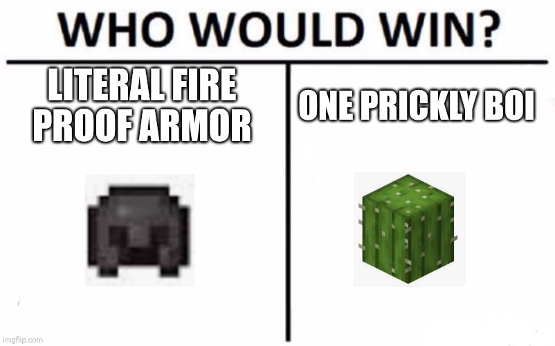 Who Would Win? | LITERAL FIRE PROOF ARMOR; ONE PRICKLY BOI | image tagged in memes,who would win | made w/ Imgflip meme maker