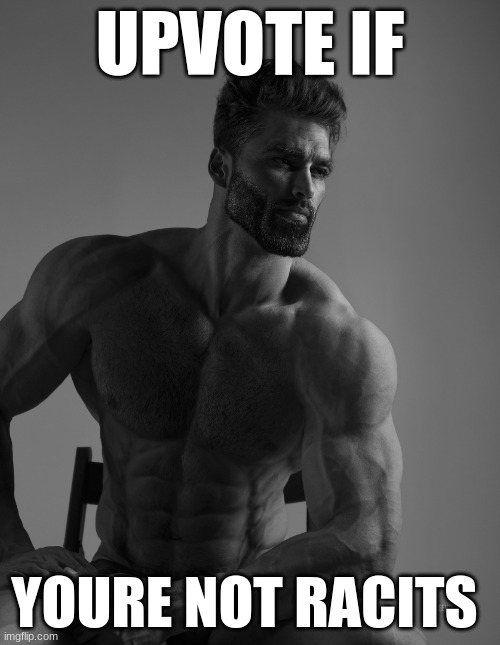 Giga Chad | UPVOTE IF; YOUR NOT RACIST | image tagged in giga chad | made w/ Imgflip meme maker