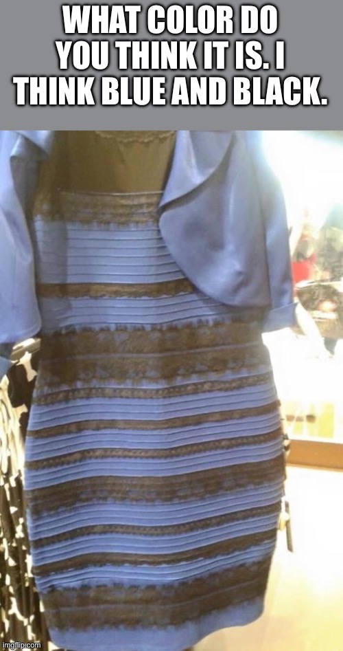 Blue gold dress | WHAT COLOR DO YOU THINK IT IS. I THINK BLUE AND BLACK. | image tagged in blue gold dress | made w/ Imgflip meme maker