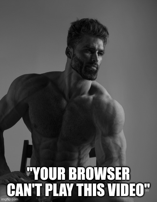 Giga Chad | "YOUR BROWSER CAN'T PLAY THIS VIDEO" | image tagged in giga chad | made w/ Imgflip meme maker