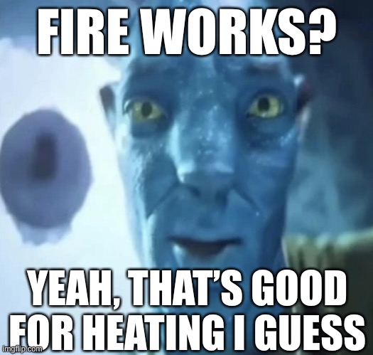 Staring Avatar 2 dude | FIRE WORKS? YEAH, THAT’S GOOD FOR HEATING I GUESS | image tagged in avatar 2 | made w/ Imgflip meme maker