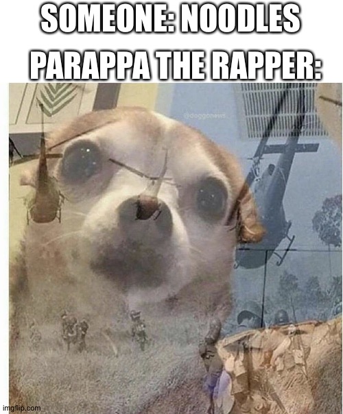 Only parappa fans will get this. | PARAPPA THE RAPPER:; SOMEONE: NOODLES | image tagged in ptsd chihuahua | made w/ Imgflip meme maker