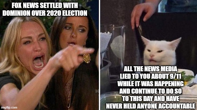 Always Remember | FOX NEWS SETTLED WITH DOMINION OVER 2020 ELECTION; ALL THE NEWS MEDIA LIED TO YOU ABOUT 9/11 WHILE IT WAS HAPPENING AND CONTINUE TO DO SO TO THIS DAY AND HAVE NEVER HELD ANYONE ACCOUNTABLE | image tagged in angry lady cat | made w/ Imgflip meme maker