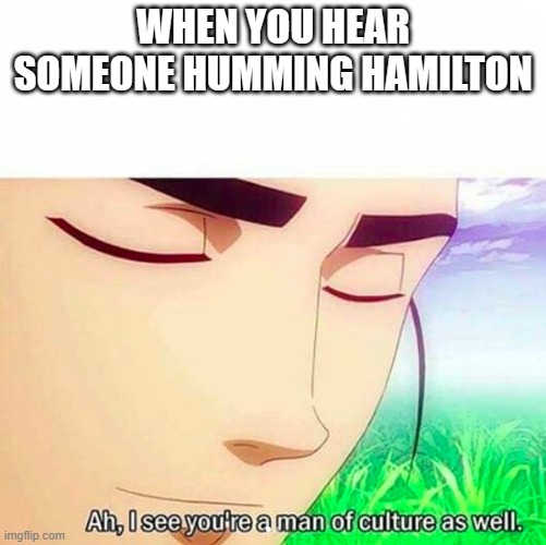 i legit became friends with someone by doing this | WHEN YOU HEAR SOMEONE HUMMING HAMILTON | image tagged in ah i see you are a man of culture as well | made w/ Imgflip meme maker