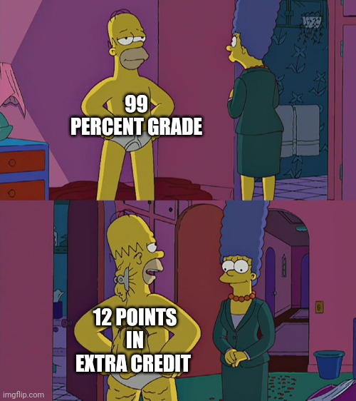 Homer Simpson's Back Fat | 99 PERCENT GRADE; 12 POINTS IN EXTRA CREDIT | image tagged in homer simpson's back fat | made w/ Imgflip meme maker