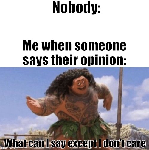 Relatable??? | Nobody:; Me when someone says their opinion:; What can I say except I don't care | image tagged in what can i say except x,i dont care,opinion | made w/ Imgflip meme maker