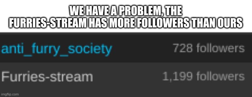 we have a huge problem | WE HAVE A PROBLEM, THE FURRIES-STREAM HAS MORE FOLLOWERS THAN OURS | image tagged in anti furry | made w/ Imgflip meme maker