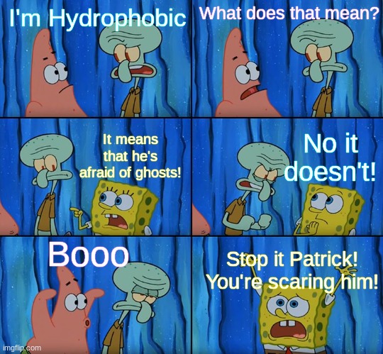 Meme | What does that mean? I'm Hydrophobic; No it doesn't! It means that he's afraid of ghosts! Booo; Stop it Patrick! You're scaring him! | image tagged in stop it patrick you're scaring him | made w/ Imgflip meme maker