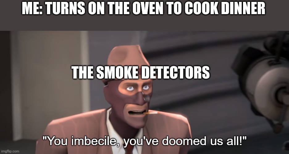Anyone else know this pain? | ME: TURNS ON THE OVEN TO COOK DINNER; THE SMOKE DETECTORS | image tagged in you imbecile you've doomed us all | made w/ Imgflip meme maker