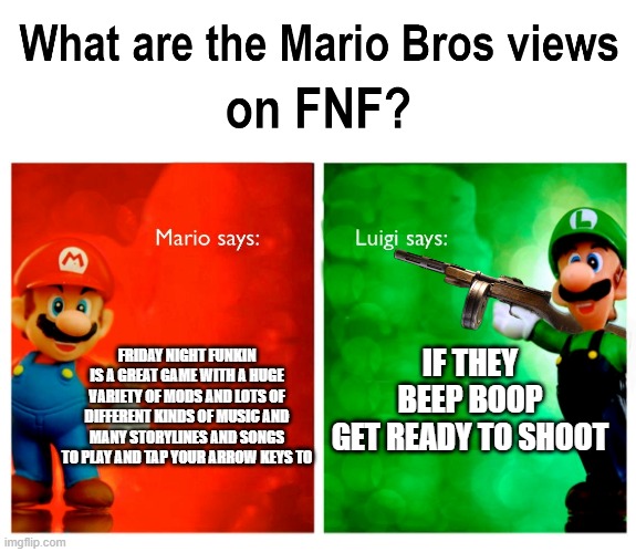 I thought of a meme idea randomly | IF THEY BEEP BOOP
GET READY TO SHOOT; FRIDAY NIGHT FUNKIN IS A GREAT GAME WITH A HUGE VARIETY OF MODS AND LOTS OF DIFFERENT KINDS OF MUSIC AND MANY STORYLINES AND SONGS TO PLAY AND TAP YOUR ARROW KEYS TO | image tagged in mario bros views | made w/ Imgflip meme maker