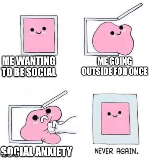Never again | ME WANTING TO BE SOCIAL; ME GOING OUTSIDE FOR ONCE; SOCIAL ANXIETY | image tagged in never again,social anxiety | made w/ Imgflip meme maker