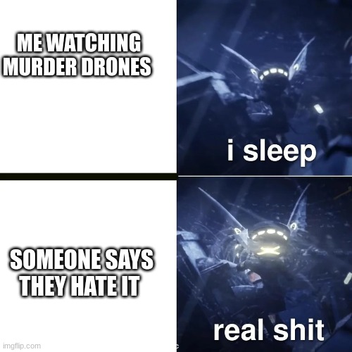 Murder drones | ME WATCHING MURDER DRONES; SOMEONE SAYS THEY HATE IT | image tagged in murder drones | made w/ Imgflip meme maker