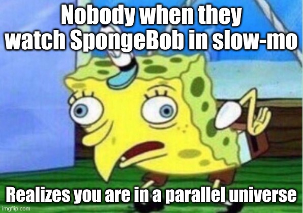 Mocking Spongebob | Nobody when they watch SpongeBob in slow-mo; Realizes you are in a parallel universe | image tagged in memes,mocking spongebob | made w/ Imgflip meme maker