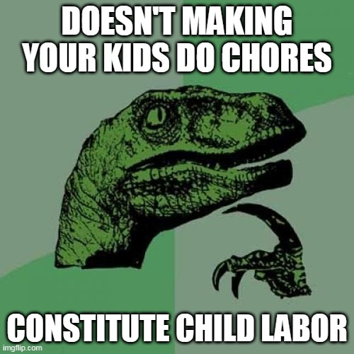 Just now thought of that.... | DOESN'T MAKING YOUR KIDS DO CHORES; CONSTITUTE CHILD LABOR | image tagged in memes,philosoraptor,chores,child labor,child abuse,child labour | made w/ Imgflip meme maker