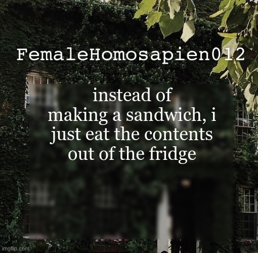 FemaleHomosapien012 | instead of making a sandwich, i just eat the contents out of the fridge | image tagged in femalehomosapien012 | made w/ Imgflip meme maker