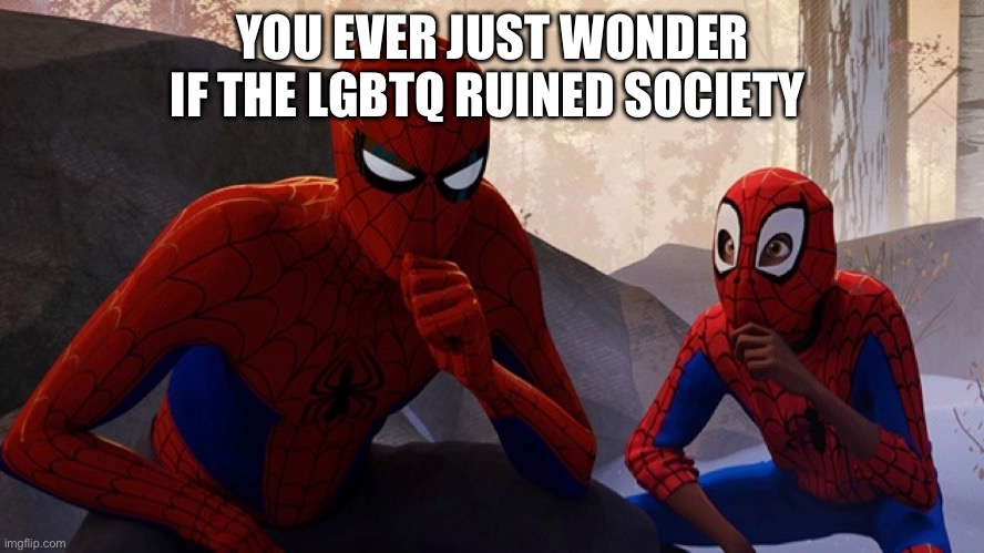 That’s just my opinion so I better not see some blue hair wo-man come after me | YOU EVER JUST WONDER IF THE LGBTQ RUINED SOCIETY | image tagged in spider-verse meme | made w/ Imgflip meme maker