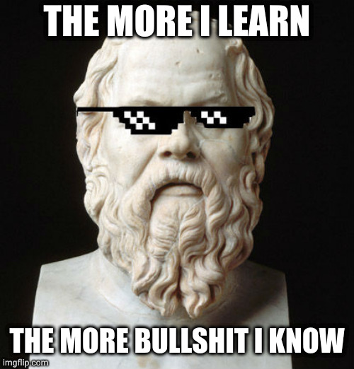 Deal With It Socrates | THE MORE I LEARN THE MORE BULLSHIT I KNOW | image tagged in deal with it socrates | made w/ Imgflip meme maker