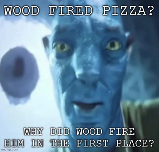 Staring Avatar 2 dude | WOOD FIRED PIZZA? WHY DID WOOD FIRE HIM IN THE FIRST PLACE? | image tagged in staring avatar 2 dude | made w/ Imgflip meme maker