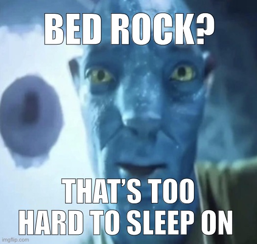 Staring Avatar 2 dude | BED ROCK? THAT’S TOO HARD TO SLEEP ON | image tagged in staring avatar 2 dude | made w/ Imgflip meme maker
