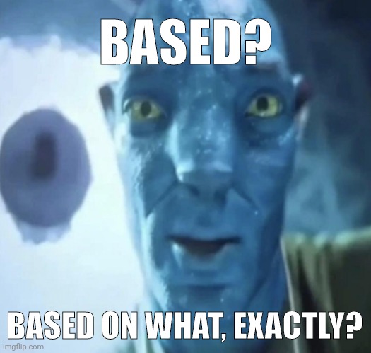 Staring Avatar 2 dude | BASED? BASED ON WHAT, EXACTLY? | image tagged in staring avatar 2 dude | made w/ Imgflip meme maker