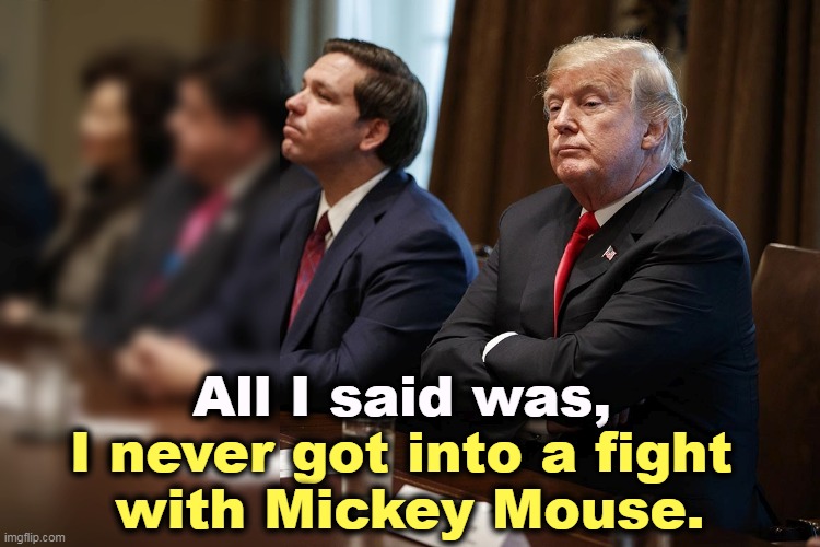 An arrogant, selfish b*stard who cares only about himself. Actually, two of them. | All I said was, I never got into a fight 
with Mickey Mouse. | image tagged in donald trump,ron desantis,mickey mouse,arrogant,selfish,destruction | made w/ Imgflip meme maker