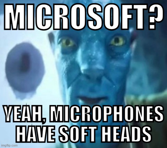 yet another avatar blue guy meme | MICROSOFT? YEAH, MICROPHONES HAVE SOFT HEADS | image tagged in avatar guy,microsoft,memes,dank memes,funny memes,avatar | made w/ Imgflip meme maker