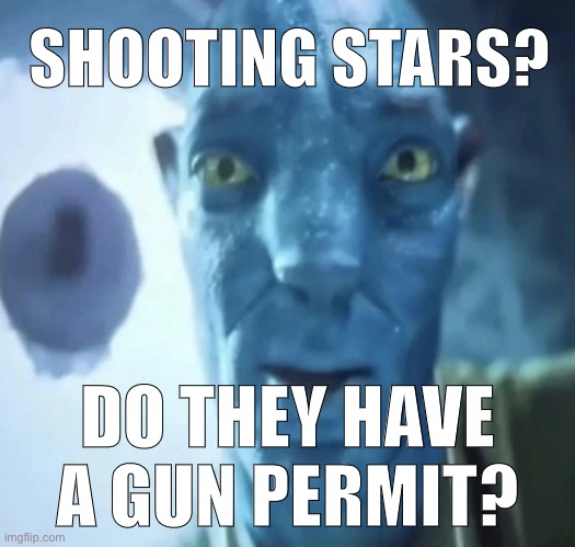Staring Avatar 2 dude | SHOOTING STARS? DO THEY HAVE A GUN PERMIT? | image tagged in staring avatar 2 dude | made w/ Imgflip meme maker