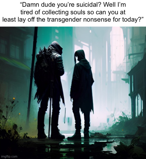 I have gotten the offensive :troll_face: | “Damn dude you’re suicidal? Well I’m tired of collecting souls so can you at least lay off the transgender nonsense for today?” | made w/ Imgflip meme maker