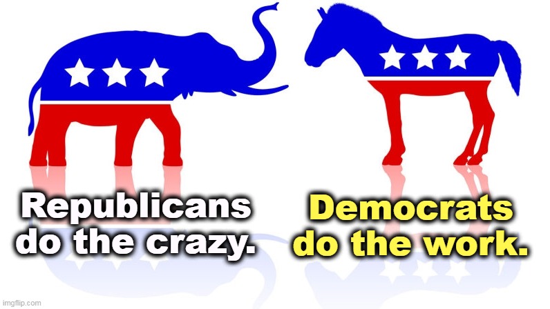 Truth | Democrats do the work. Republicans do the crazy. | image tagged in republicans,crazy,democrats,work | made w/ Imgflip meme maker