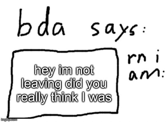 no really did you | hey im not leaving did you really think I was | image tagged in official badlydrawnaxolotl announcement temp | made w/ Imgflip meme maker