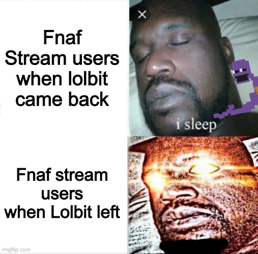 Same happened with The_Bl0b | Fnaf Stream users when lolbit came back; Fnaf stream users when Lolbit left | image tagged in memes,sleeping shaq | made w/ Imgflip meme maker