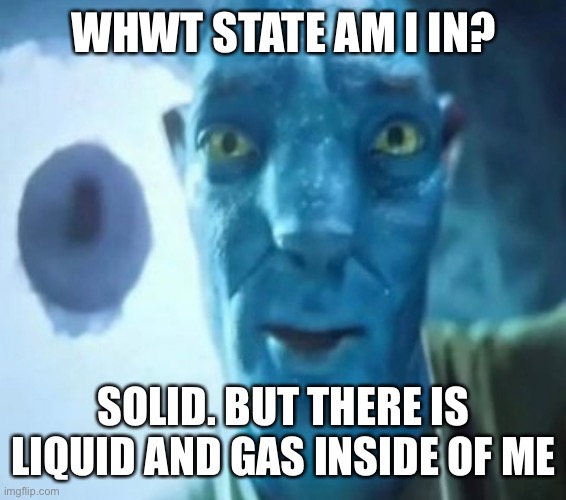 . | WHWT STATE AM I IN? SOLID. BUT THERE IS LIQUID AND GAS INSIDE OF ME | image tagged in avatar guy | made w/ Imgflip meme maker
