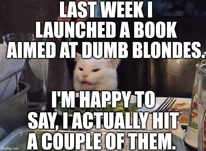 LAST WEEK I LAUNCHED A BOOK AIMED AT DUMB BLONDES. I'M HAPPY TO SAY, I ACTUALLY HIT A COUPLE OF THEM. | image tagged in smudge the cat | made w/ Imgflip meme maker